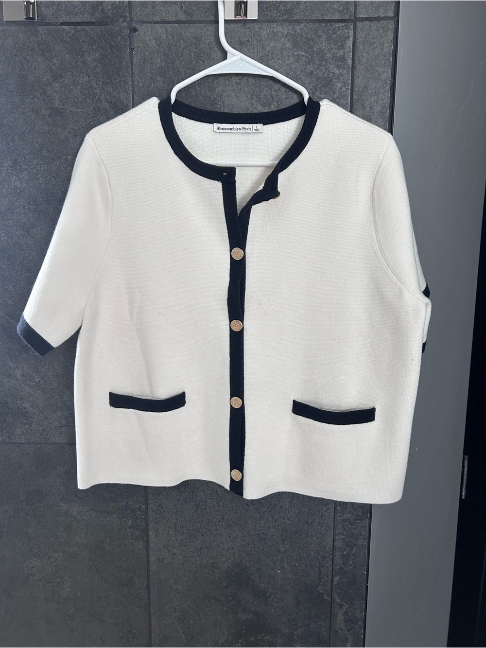 Abercrombie & Fitch White Short Sleeve Knit Jacket with Black Trim